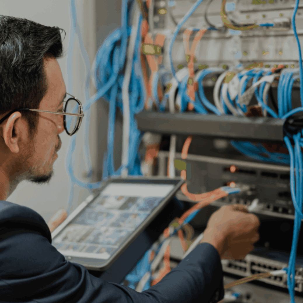 Structured cabling system devices: patch panels, network switches, PoE devices for smart office infrastructure.