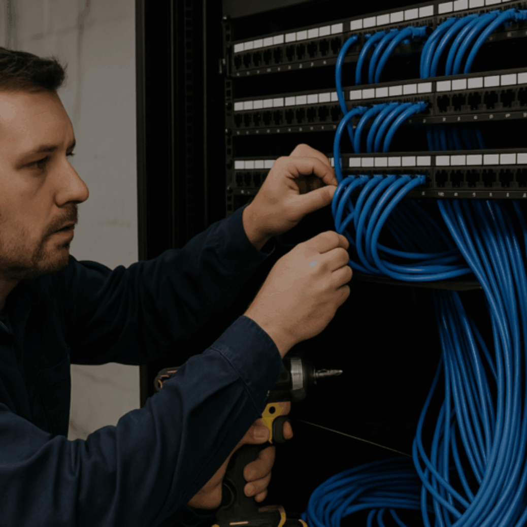 Technician planning data cabling installation with structured cabling layout