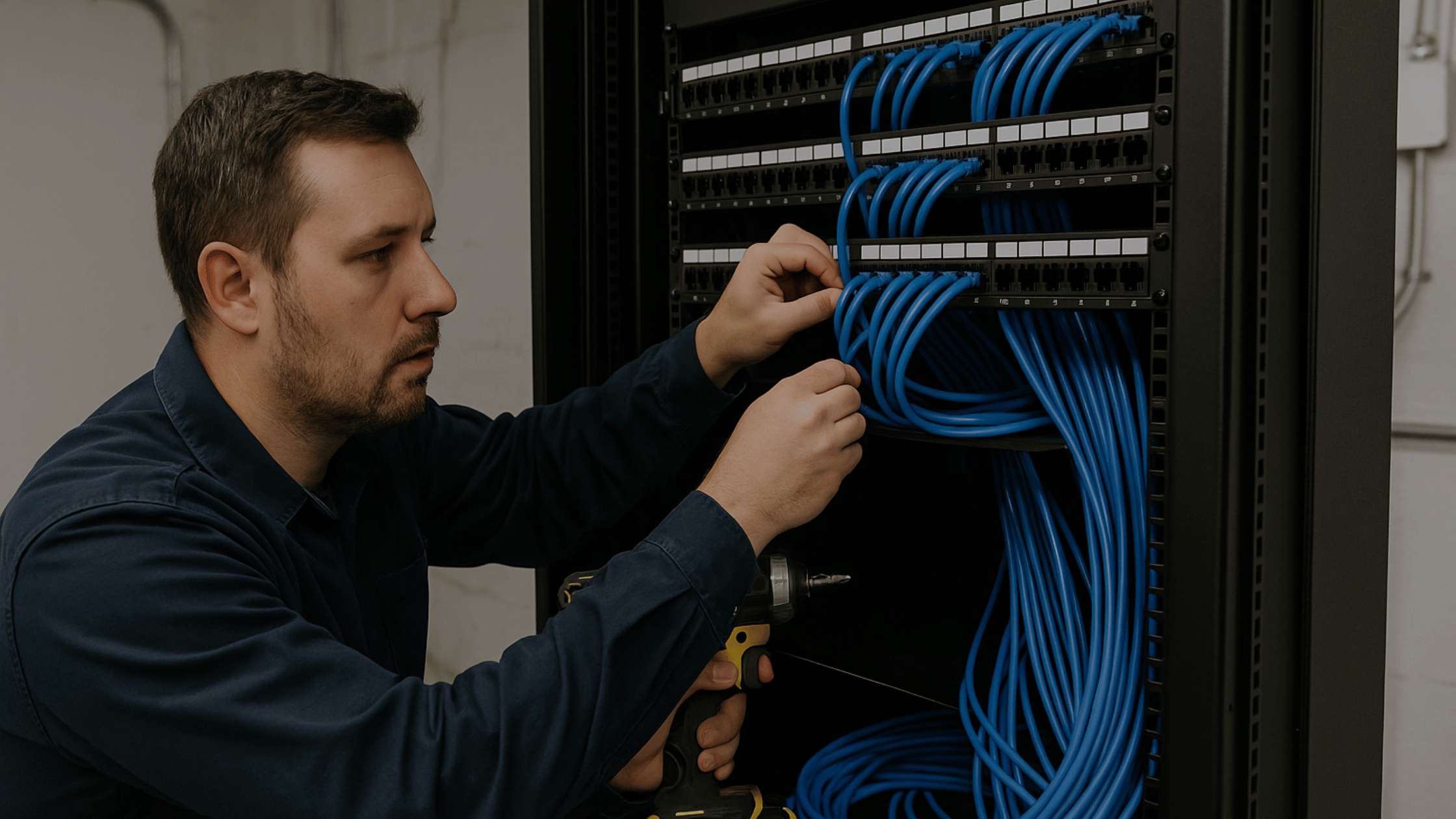 Technician planning data cabling installation with structured cabling layout