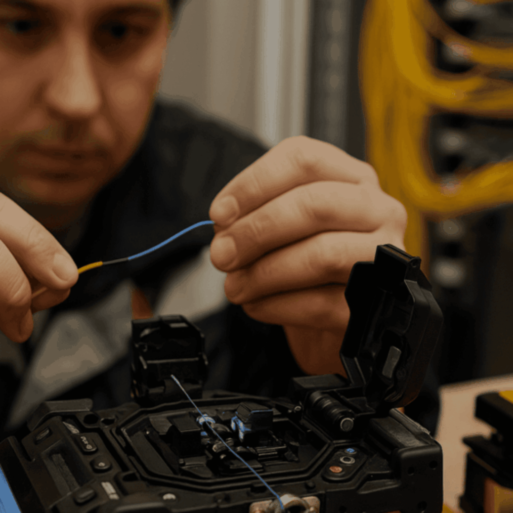 Technician using fusion splicing tool for fiber optic installation services