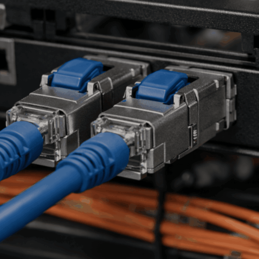 CAT6A toolless RJ45 connectors installed in commercial structured cabling system supporting 10Gb Ethernet