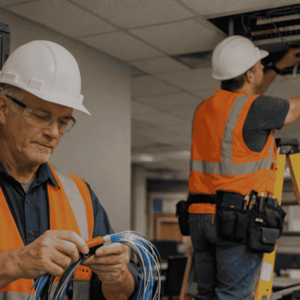Fiber optic cable contractors installing structured cabling in a DFW office