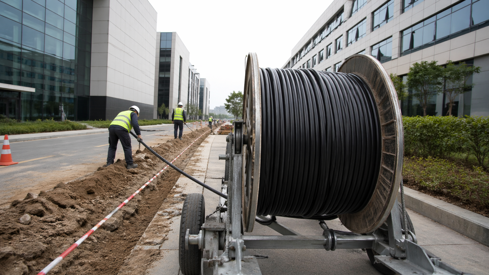 Fiber optic cable installation between office buildings for secure business connectivity