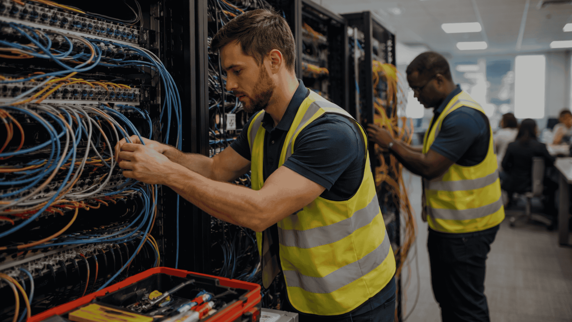 Structured cabling contractors rewiring a live office network with minimal downtime