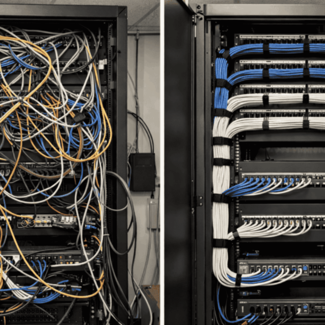 Data cabling contractors organizing a messy network cabinet