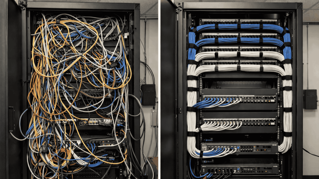 Messy Computer Cabinet How Data Cabling Contractors Fix Messy Network Cabinets?