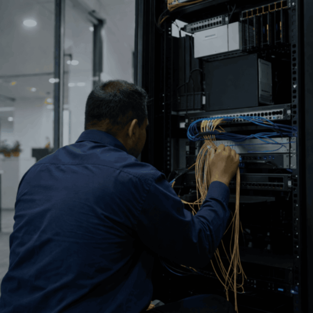 Hybrid fiber optic installation services connecting a business network in a commercial office setup