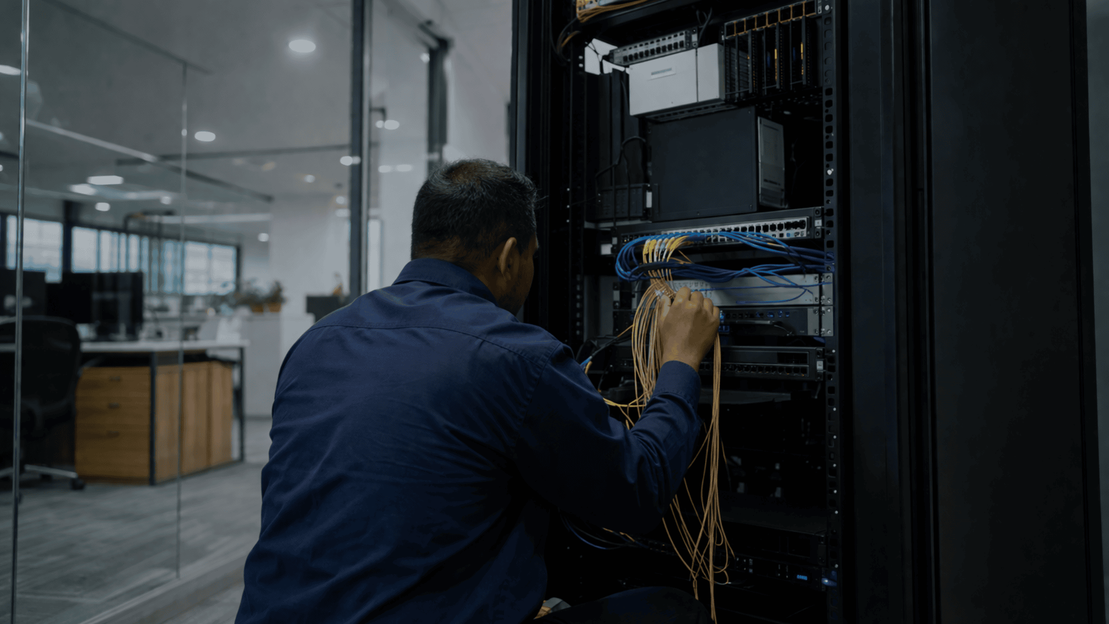 Hybrid fiber optic installation services connecting a business network in a commercial office setup